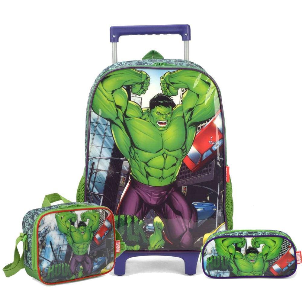 Kit Mochila Escolar Hulk Rodinhas Lancheira Termica E Estojo