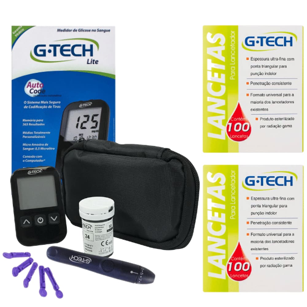 Kit Medidor Glicemia Gtech 10 Tiras Lancetas Completo Casas Bahia