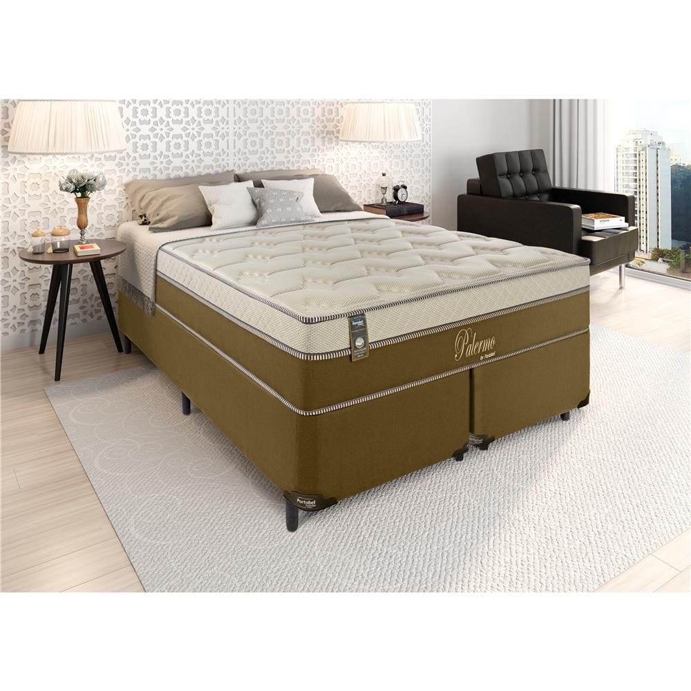 Cama Box Queen Size Portobel + Colchão Queen Size Portobel Palermo com  Pillow Top e Molas Ensacadas 72x158x198 cm - Bege/Marrom | Casas Bahia