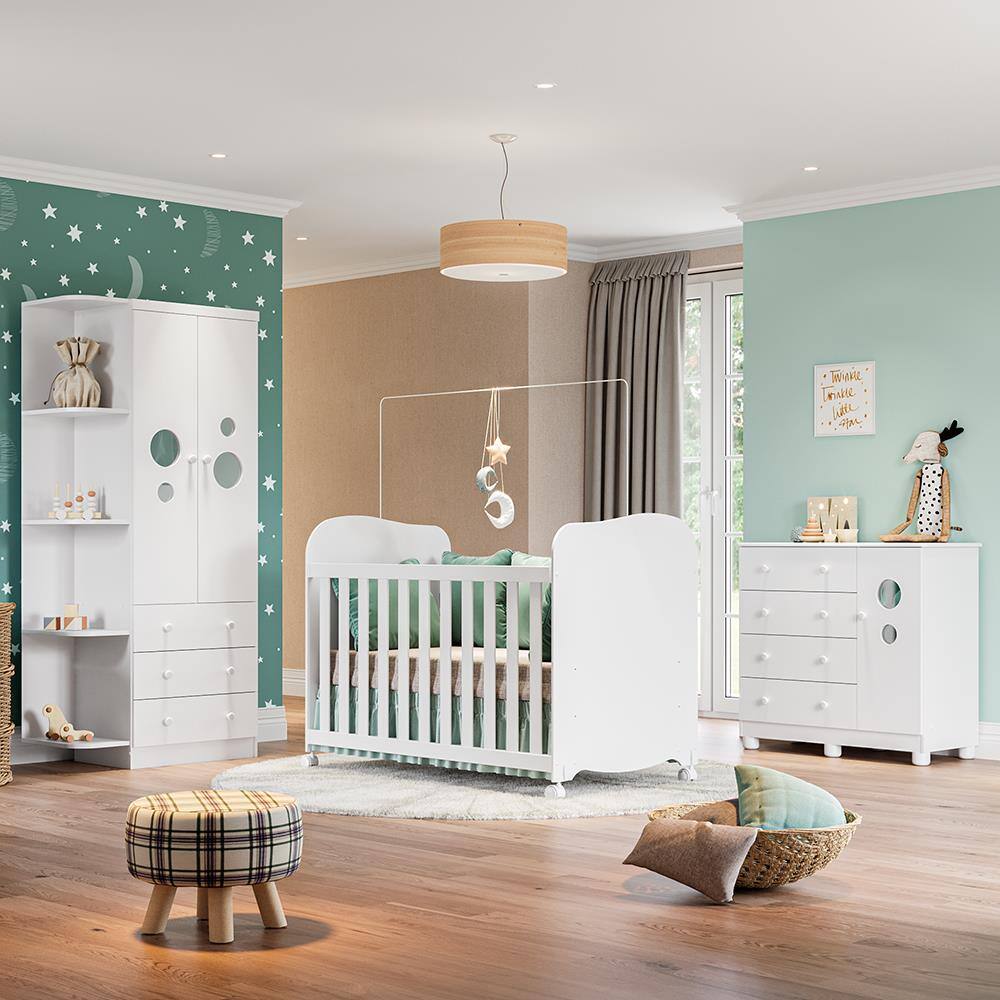 Conjunto Quarto Infantil Peroba Móveis Duda com Berço, Cômoda e Guarda-Roupa