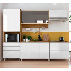 Cozinha Completa Bartira Amazonita com 9 Portas, 4 Gavetas e 7 Prateleiras - 271cm de largura - Damasco/Branco