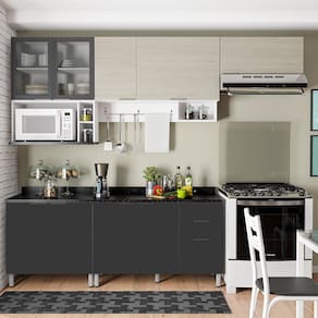 Cozinha Completa Bartira Rubi com 9 Portas, 3 Gavetas e 6 Prateleiras - 280cm de largura - Branco/Freixo/Preto
