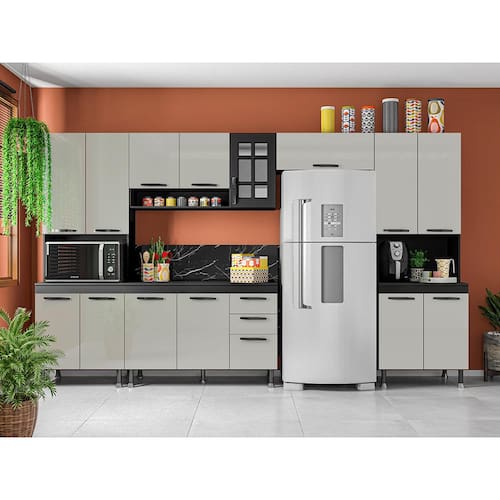 Cozinha Compacta Indekes Provence com 15 Portas, 2 Gavetas e 4 Prateleiras - 340cm de largura - Chumbo/Off White