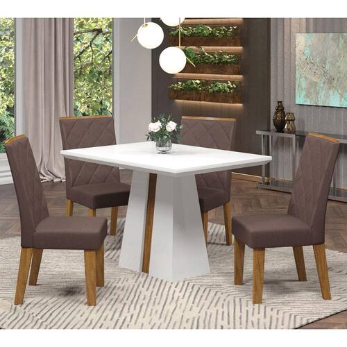 Conjunto de Mesa de Jantar com Tampo de Vidro Arredondado e 4 Cadeiras  Estofadas Studio Linho Off White e Bege Claro 160 cm