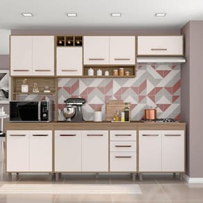 Cozinha Compacta Poliman Barcelona com 13 Portas, 2 Gavetas, 5 Prateleiras e Nicho para Micro-ondas - 258cm de largura