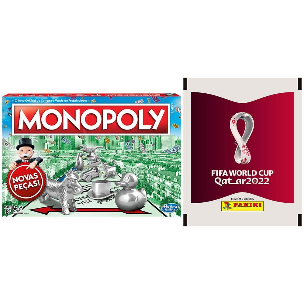 Kit Jogo Monopoly Hasbro + Figurinhas para o Álbum da Copa do Mundo 2022 Qatar 10 Envelopes - Editora Panini