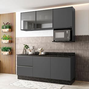 Cozinha Compacta Bartira Línea com 5 Portas, 3 Gavetas e 4 Prateleiras - 180cm de largura - Grafite