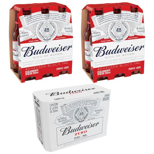 Cerveja Budweiser Long Neck 330ml - 12 unidades + Cerveja Budweiser Zero Álcool Lata Sleek 350ml - 8 Unidades