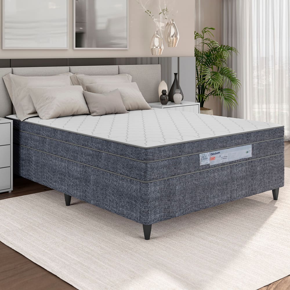 Cama Box de Casal Ortobom New Caring com Europillow e Molas Nanolastic 21x138x188cm - Cinza/Branco