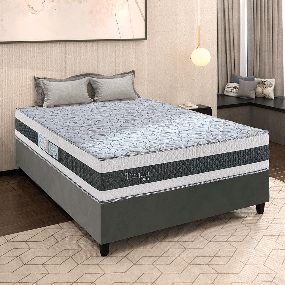 Cama Box de Casal Biflex Turquia com Molas Ensacadas e Pillow Inn 64x138x188cm - Branco/Grafite