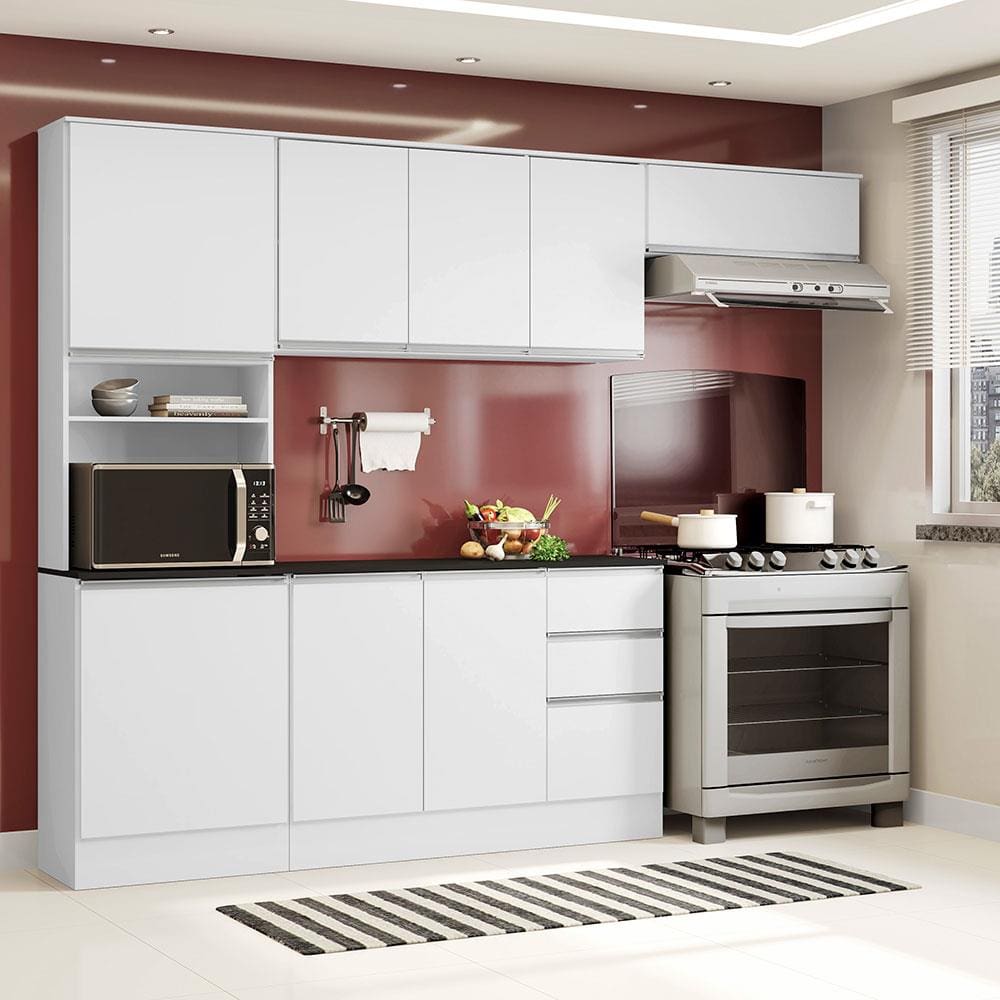 Cozinha Compacta Poliman Paris com 9 Portas, 2 Gavetas e 6 Prateleiras - 260cm de largura