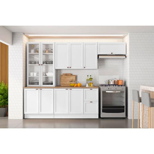 Cozinha Compacta Poliman Unna com 10 Portas, 2 Gavetas e Balcão com Tampo - 270 cm de Largura - Branco