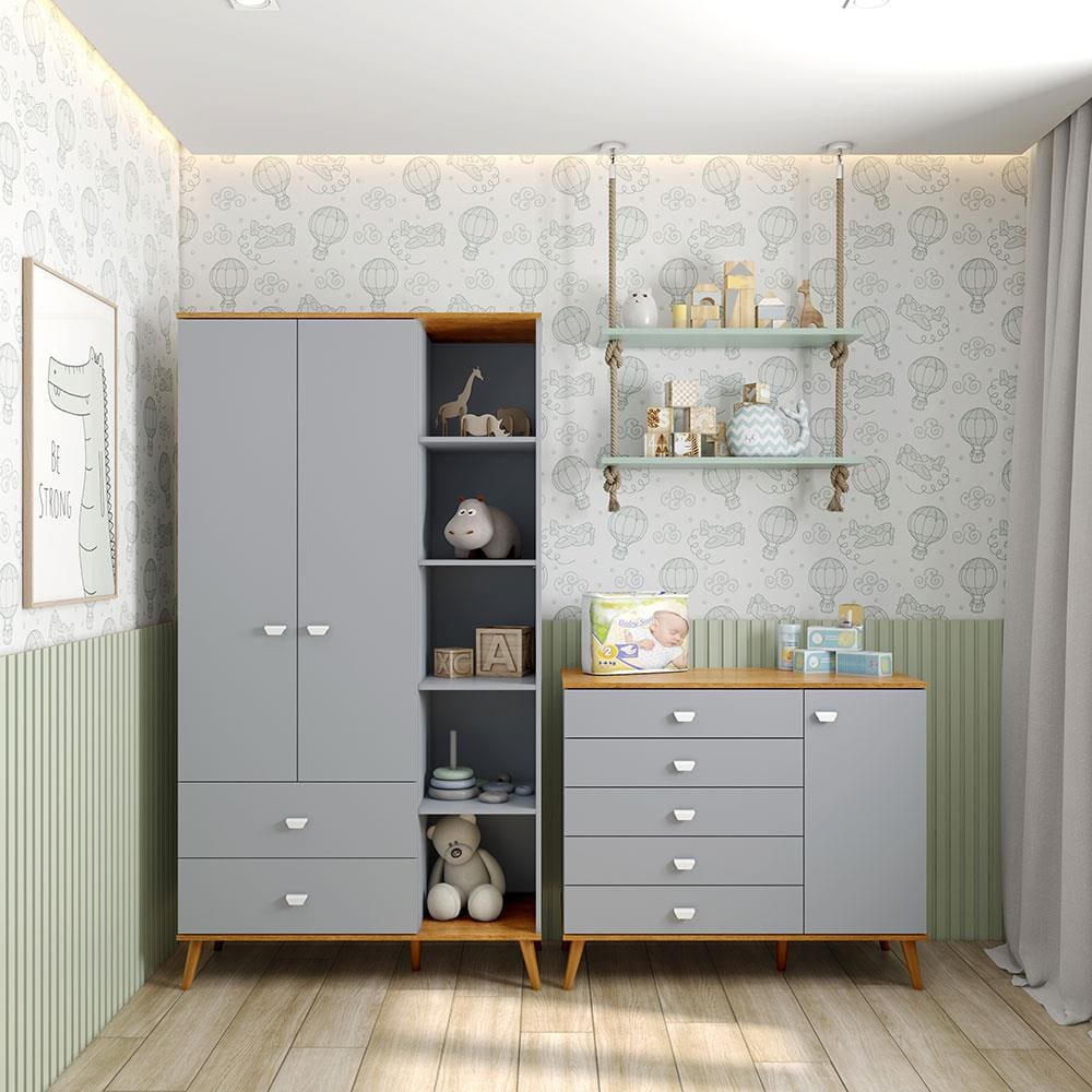 Guarda-Roupa Bartira Ternura com 5 Nichos, 2 Portas, 2 Gavetas + Cômoda Bartira Ternura com 5 Gavetas e 1 Porta - Azul Wood