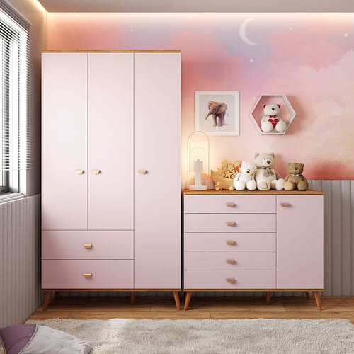 Guarda-Roupa Bartira Ternura com 3 Portas, 2 Gavetas + Cômoda Bartira Ternura com 5 Gavetas e 1 Porta - Rosa Wood