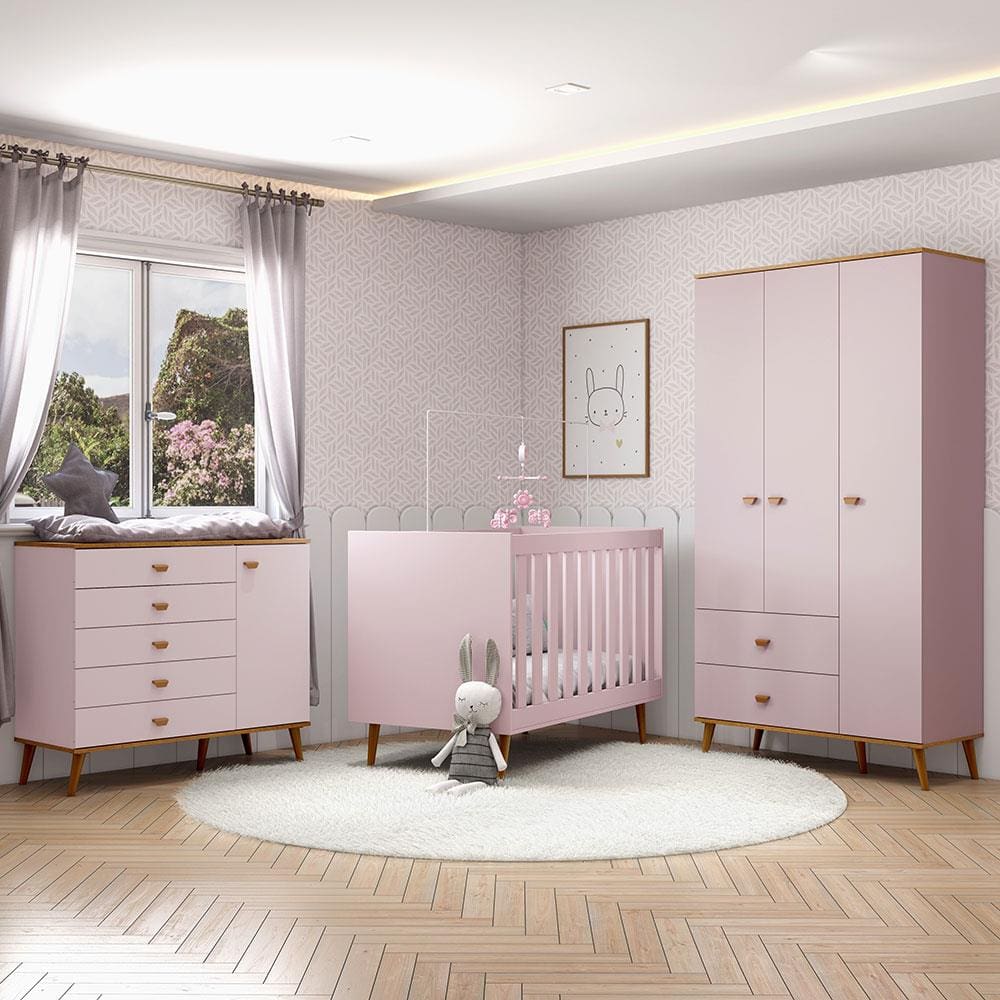 Guarda-Roupa Bartira Ternura com 3 Portas, 2 Gavetas + Cômoda Ternura com 5 Gavetas e 1 Porta + Berço Mini Cama Móveis Estrela Ternura