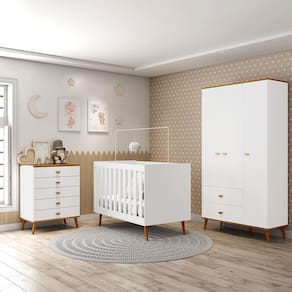 Guarda-Roupa Bartira Ternura com 3 Portas, 2 Gavetas + Cômoda Ternura com 5 Gavetas + Berço Móveis Estrela Ternura