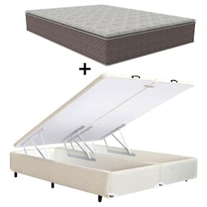 Colchão Queen Size Umaflex Berlim com Pillow Top e Molas Ensacadas + Base Box Itaflex Universal com Baú 70,5x158x198cm - Castor/Branco/Bege