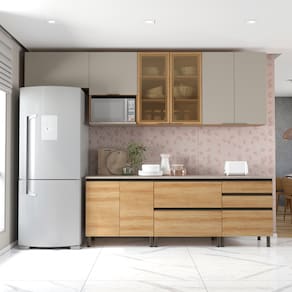 Cozinha Bartira Cristal com 8 Portas, 2 Gavetas, 5 Prateleiras e Nicho para Micro-ondas - 300cm de Largura