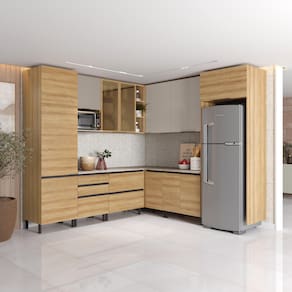 Cozinha Bartira Cristal com 14 Portas, 3 Gavetas, 13 Prateleiras e Nicho para Micro-ondas - 301,8cm de Largura