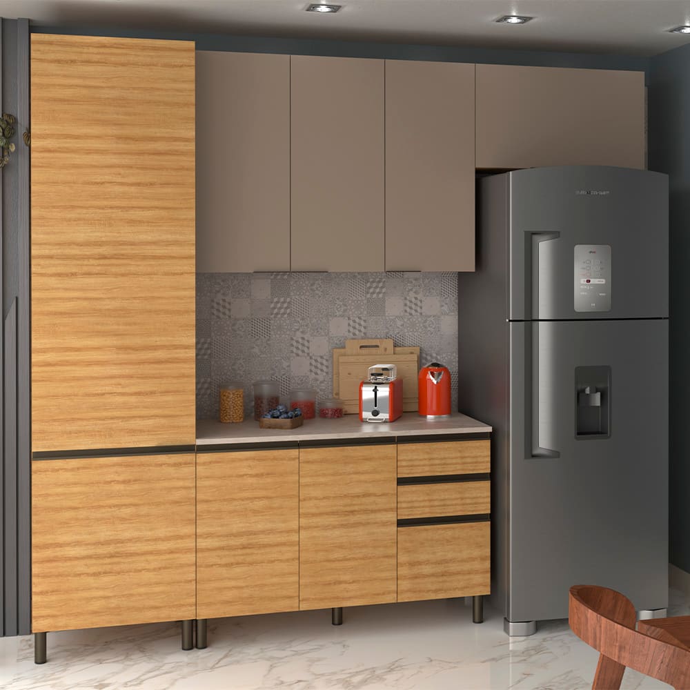 Cozinha Compacta Bartira Cristal com 8 Portas, 3 Gavetas e 9 Prateleiras - 260cm de Largura