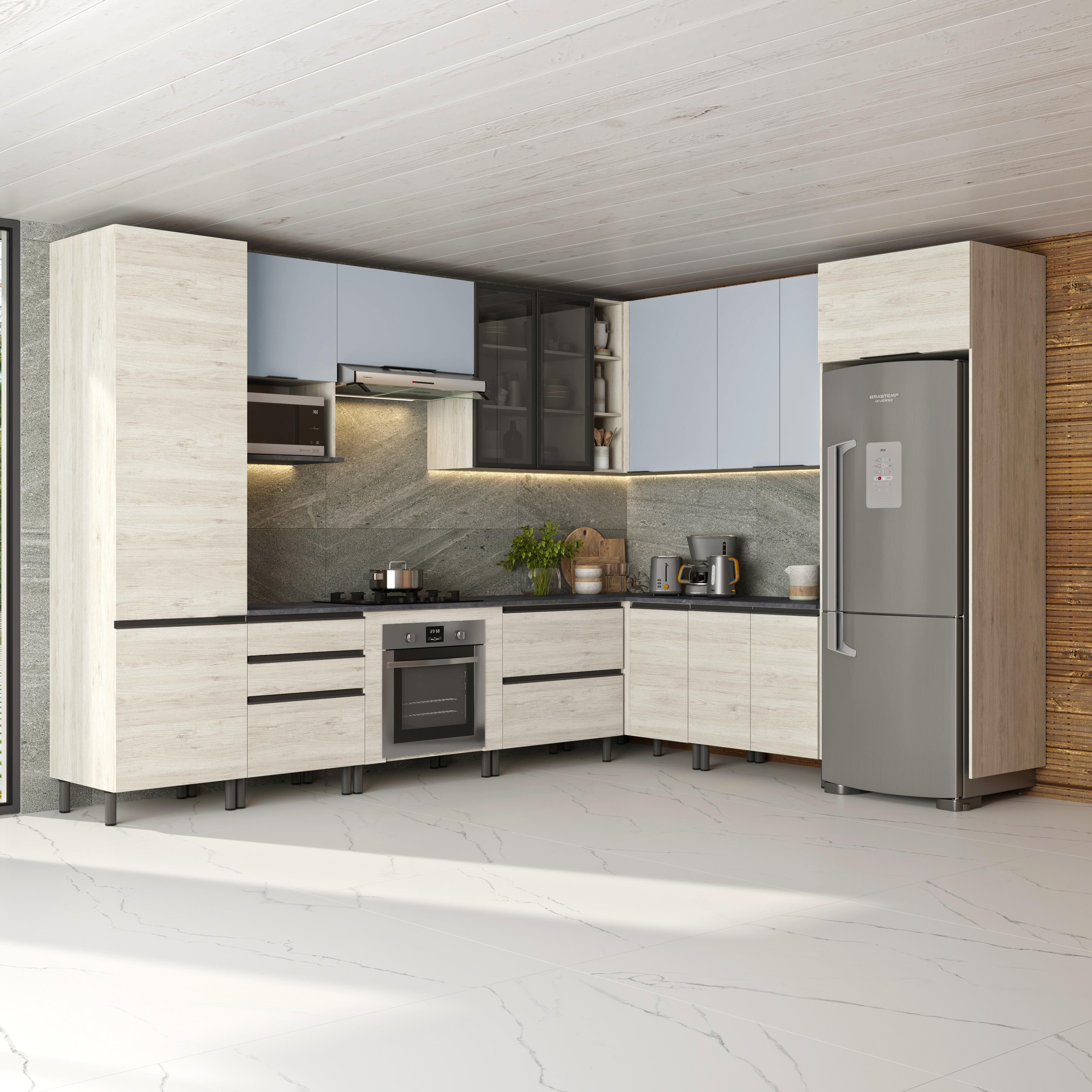 Cozinha Bartira Cristal com 15 Portas, 3 Gavetas, 13 Prateleiras e Nicho para Forno e Micro-ondas - 762,8cm de Largura  - Freixo e Azul