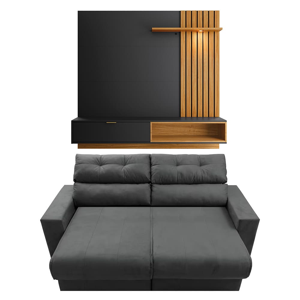 Sofá 3 lugares Cama Inbox Clean Retrátil e Reclinável - 190 cm de largura + Painel Home Suspenso Colibri Tocantins 160 cm de Largura - Preto Fosco - S