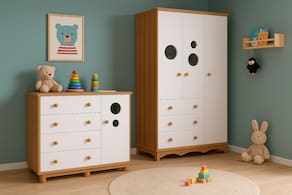 Guarda-Roupa Infantil Peroba Móveis Duda com 3 Portas, 3 Gavetas + Cômoda Duda Plus com 4 Gavetas