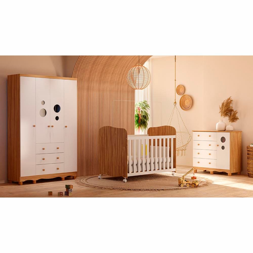 Guarda-Roupa Peroba Duda Plus com 4 Portas, 3 Gavetas - 122,1 cm de largura + Cômoda Duda Plus com 1 porta e 4 Gavetas - 95,3 cm de Largura + Berço A