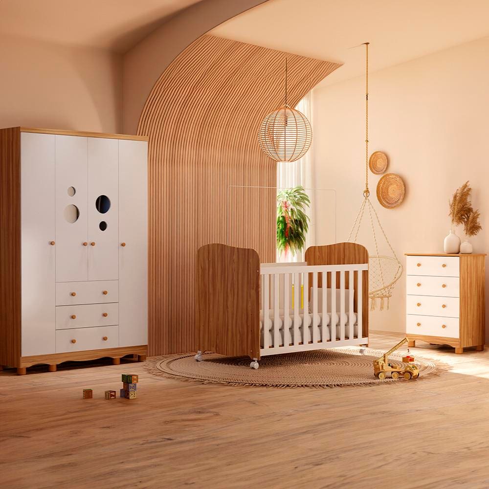 Guarda-Roupa Infantil Peroba Duda Plus, 92 cm de Largura + Cômoda com 1 Porta, 4 Gavetas, 1 Prateleira, 65,1 cm de Largura + Berço Americano