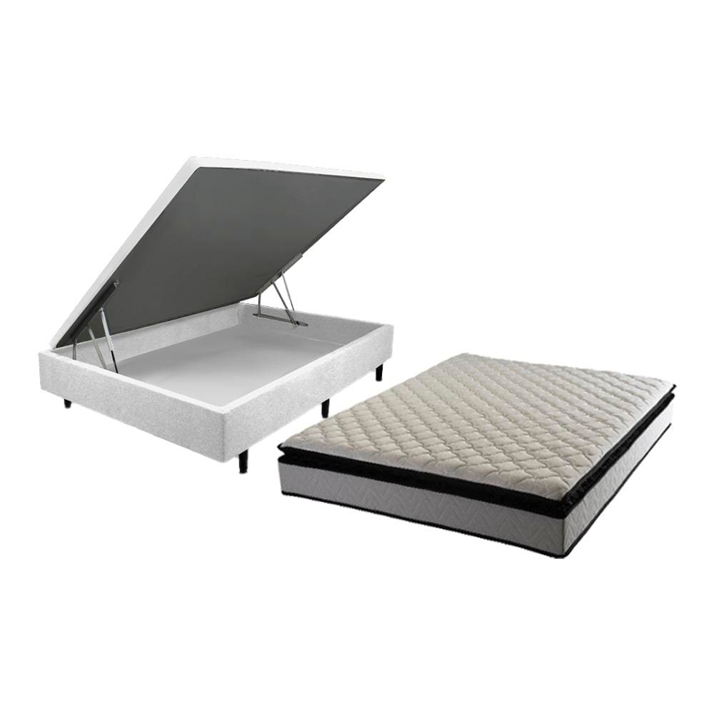 Cama Box Casal MGA Lift com Baú e Pistão a Gás + Colchão Hellen Titanium com Espuma D28 e Pillow Top 24x138x188cm – Cinza e Preta