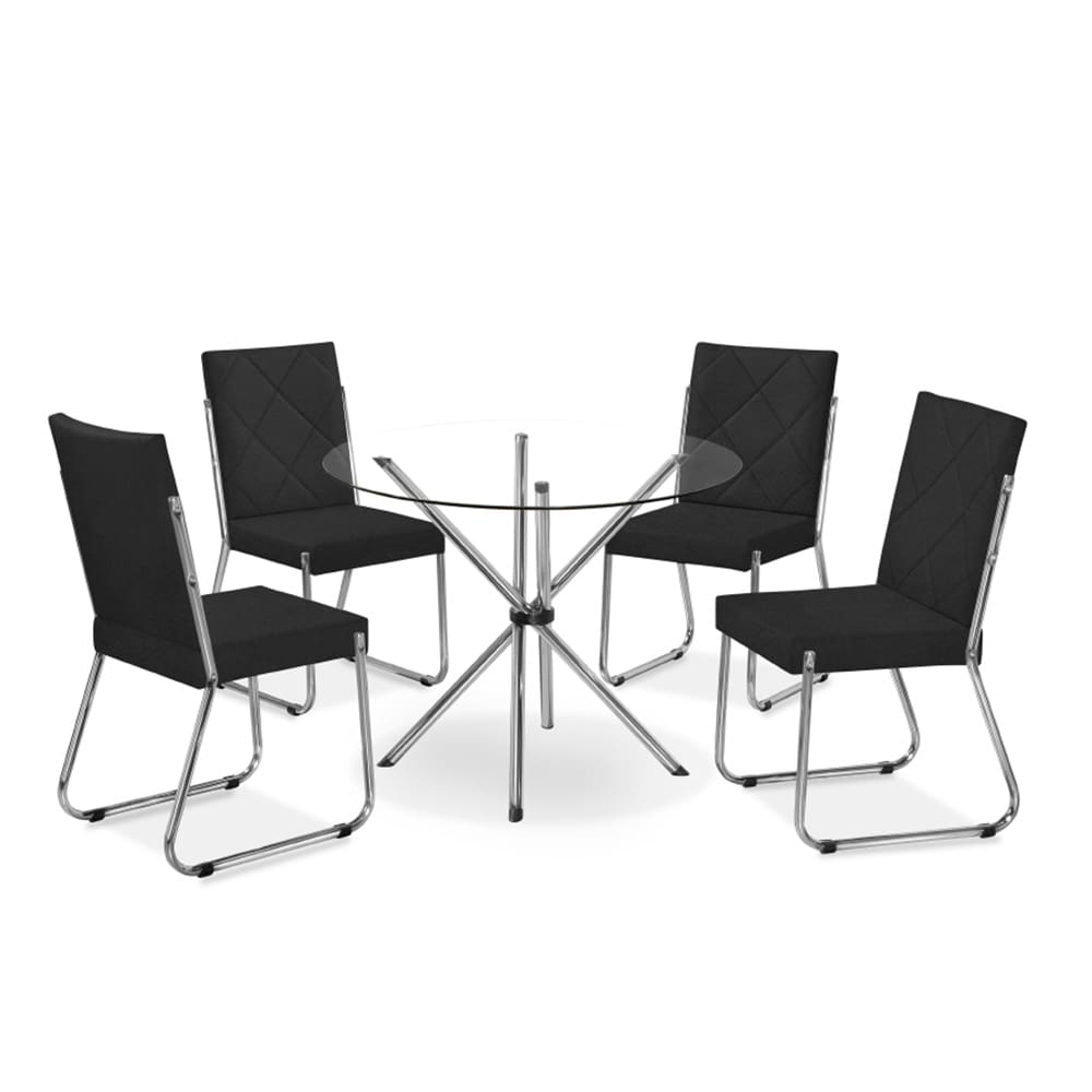 Mesa de Jantar Aço Nobre Leticia com Tampo de Vidro e 4 Cadeiras Liz com Assento Estofado Revestido em Suede
