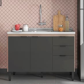 Balcão Demóbile Firenze com 3 Portas, 2 Gavetas e 1 Prateleira + Pia para Cozinha Ghelplus King com Válvula - 120x53cm