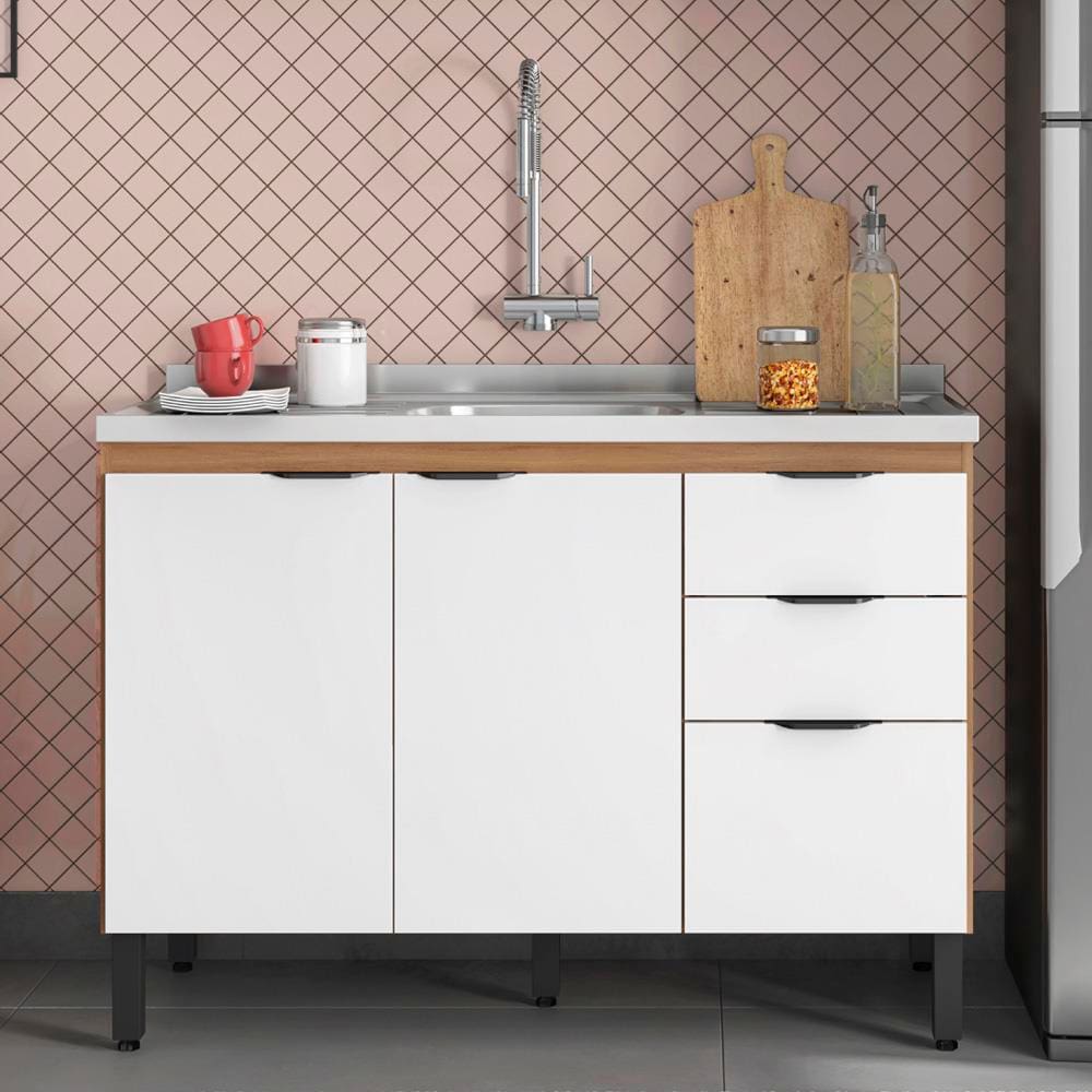 Balcão Demóbile Firenze com 3 Portas, 2 Gavetas e 1 Prateleira + Pia para Cozinha Ghelplus King com Válvula - 120x53cm - Amêndola/Branco