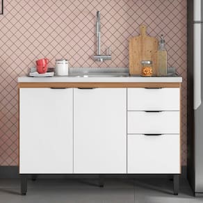 Balcão Demóbile Firenze com 3 Portas, 2 Gavetas e 1 Prateleira + Pia para Cozinha Ghelplus King com Válvula - 120x53cm