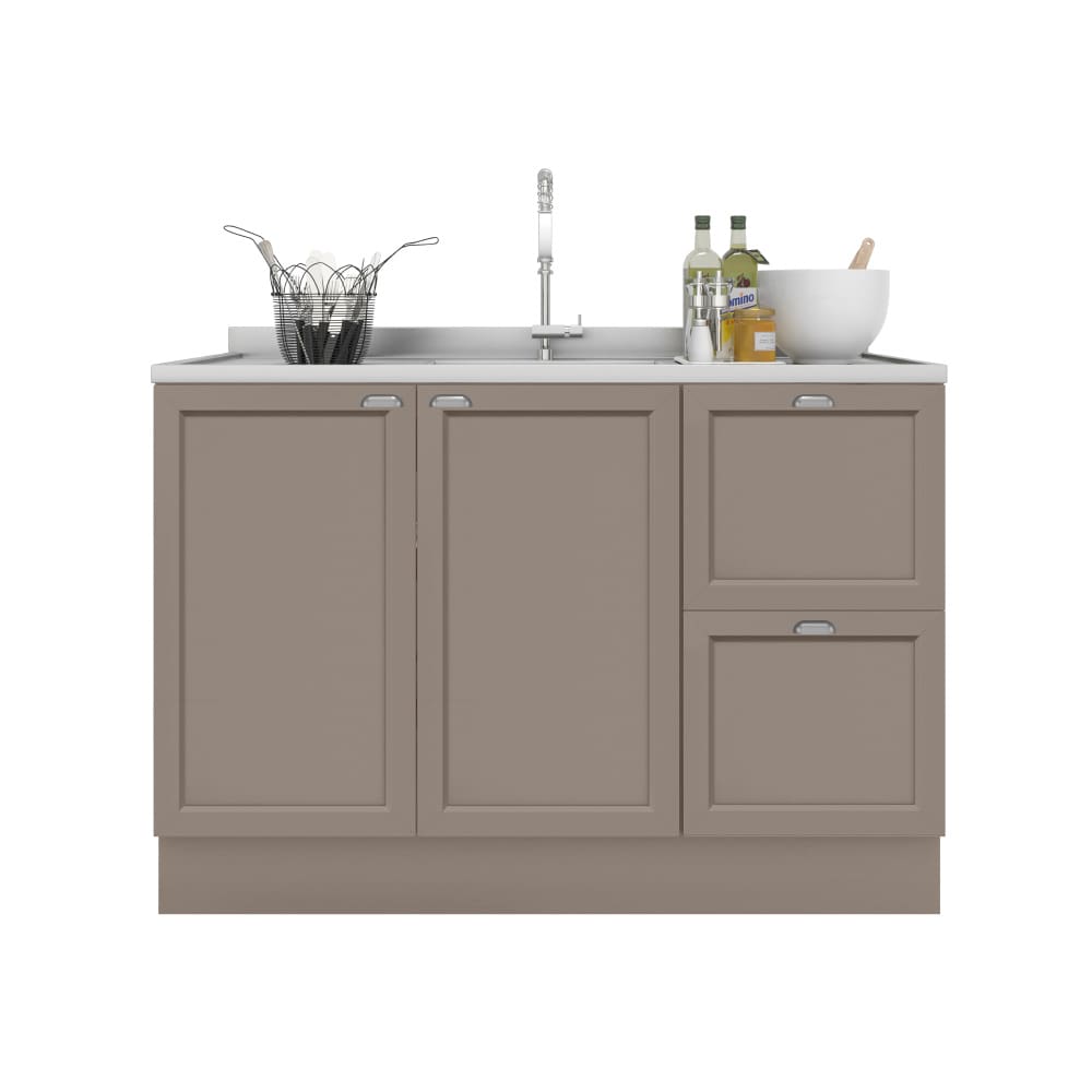 Balcão Poliman Unna com 2 Portas, 2 Gavetas e 1 Prateleira – Fumê + Pia para Cozinha Ghelplus King com Válvula - 120x53cm