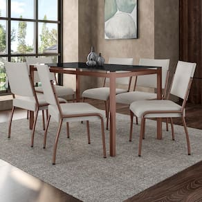 Mesa de Jantar Retangular Fabone Alexa Tampo de Vidro 140x80cm com 6 Cadeiras Dora Revestidas em Courino