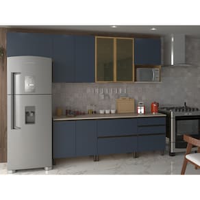 Cozinha Completa Bartira Cristal com 8 Portas, 5 Gavetas, 6 Prateleiras e 300cm de Largura - Lâmina de Mel/Azul Royal