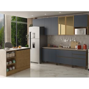 Cozinha Completa Bartira Cristal com 8 Portas, 5 Gavetas, 6 Prateleiras e 300cm de Largura + Bancada Cristal com 2 Portas, 3 Prateleiras