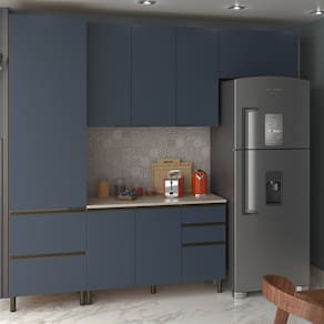 Cozinha Completa Bartira Cristal com 6 Portas, 5 Gavetas e 7 Prateleiras e 260cm de Largura - Lâmina de Mel/Azul Royal