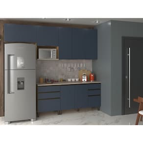 Cozinha Completa Bartira Cristal com 7 Portas, 5 Gavetas, 4 Prateleiras e 260cm de largura - Lâmina de Mel/Azul Royal