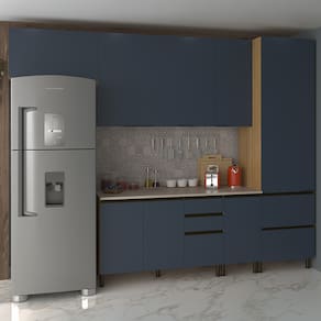 Cozinha Completa Bartira Cristal Tempero com 8 Portas, 7 Gavetas, 9 Prateleiras e 300cm de largura - Lâmina Mel/Azul Royal