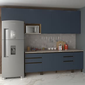 Cozinha Completa Bartira Cristal Tempero com 8 Portas, 8 Gavetas, 6 Prateleiras, 1 Nicho para Micro-ondas e 300cm de Largura - Lâmina Mel/Azul Royal