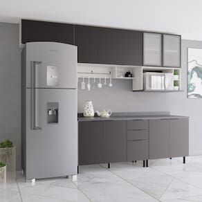 Cozinha Completa Bartira Rubi com 7 Portas + 2 Portas de Vidro, 5 Prateleiras, 3 Gavetas, 1 Nicho para Micro-ondas e 360cm de Largura – Preto