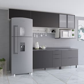 Cozinha Compacta Bartira Rubi com 7 Portas, 4 Prateleiras e 3 Gavetões Freixo/Preto Poah – 360,1 cm Largura