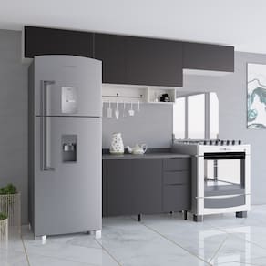 Cozinha Compacta Bartira Rubi com 6 Portas e Balcão Triplo Freixo/Preto Poah - 280cm largura