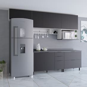 Cozinha Compacta Bartira Rubi com 7 Portas, 4 Prateleiras e 3 Gavetões Freixo/Preto Poah – 360,1cm largura