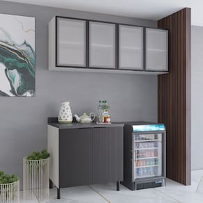 Cozinha Modulada Bartira Rubi Gourmet com 6 Portas, 3 Prateleiras e 160cm de Largura - Freixo/Preto Poah