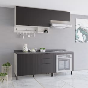 Cozinha Compacta Bartira Rubi com 5 Portas, 2 Gavetas, 1 Gavetão, 3 Prateleiras e 200cm de Largura - Freixo/Preto Poah