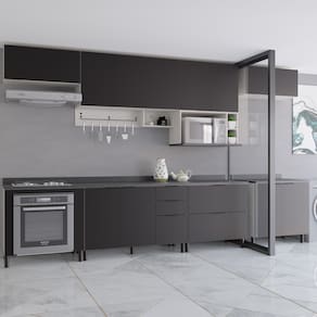 Cozinha Completa Bartira Rubi com 13 Portas, 2 Gavetas, 3 Gavetões, 5 Prateleiras, 1 Nicho e 360cm de Largura - Freixo/Preto Poah