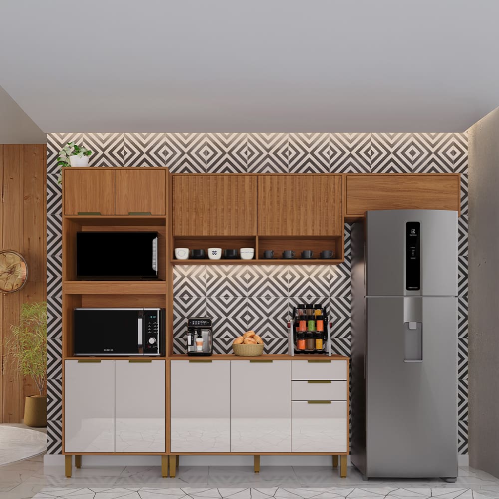 Cozinha Compacta Indekes Toronto com 10 Portas, 2 Gavetas e Nicho para Microondas - 270cm de largura